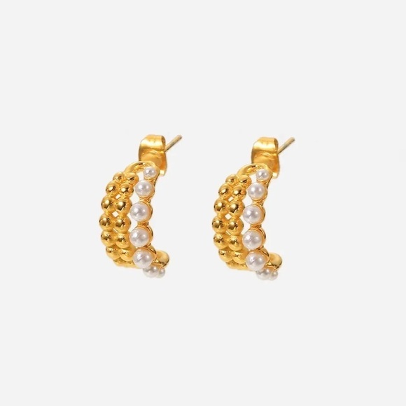 18k Gold Plated Bead Pearl Hoop Earrings - Picture 1 of 9